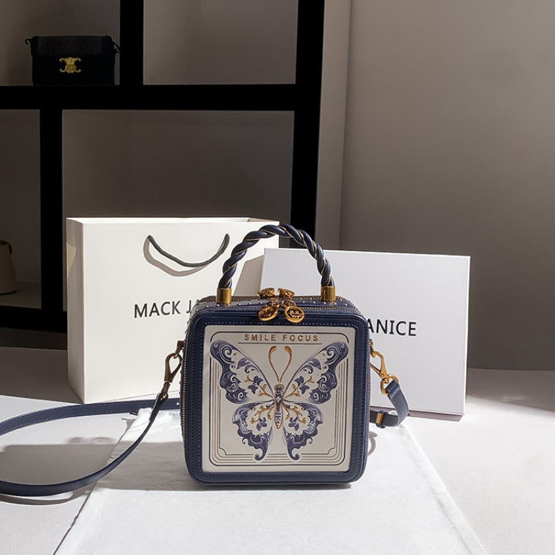 Women's Square Handbag Second Layer Leather Purse Navy