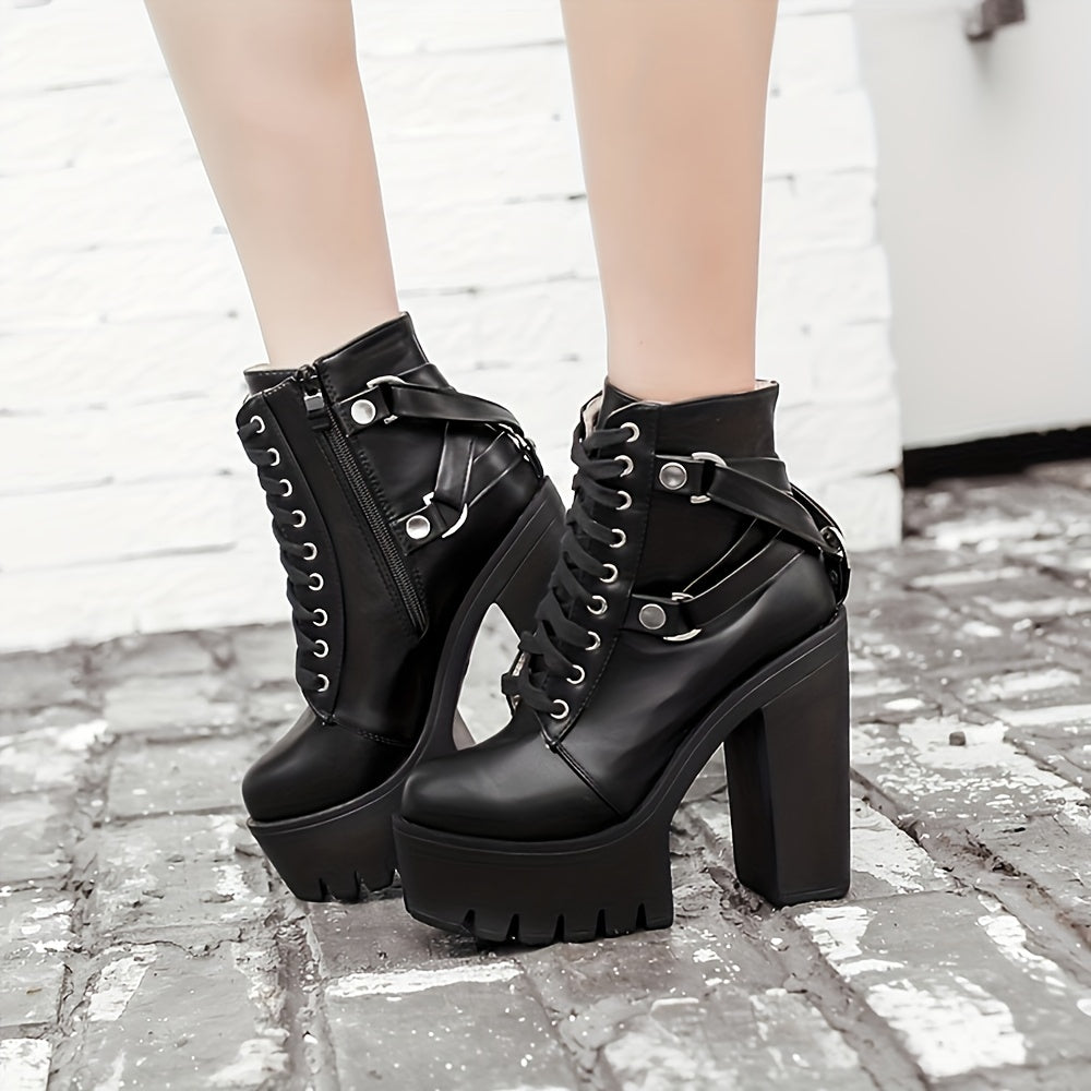 Women's Goth Chunky High Heeled Boots Lace Up Side Zipper Ankle Boots