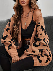 Leopard Print Knit Cardigan Open Front Sweater