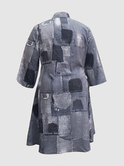 Denim Print Deep V Neck Midi Dress Women's Plus Slight Stretch