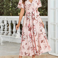 Floral Print Surplice Neck Dress Short Sleeve Split Dress
