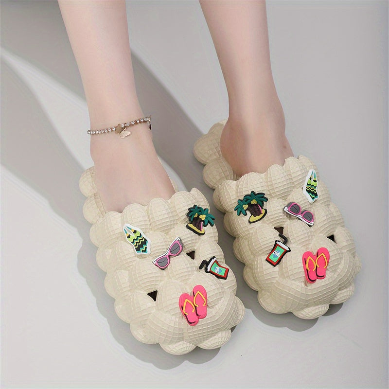 Women's Bubble Slides with Charms - Non Slip Indoor Bathroom Shoes