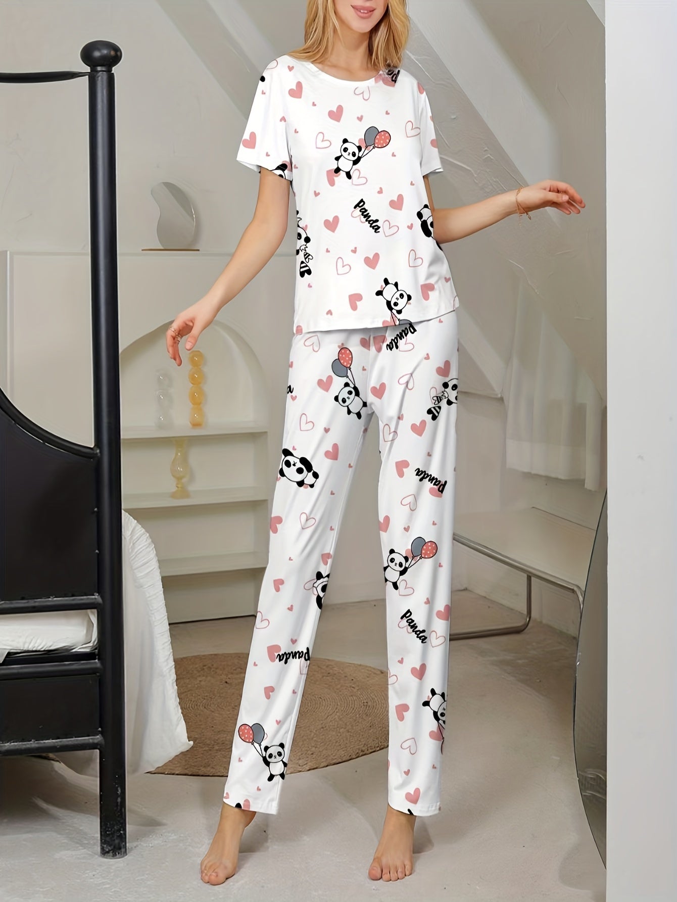 Panda Print Pajama Set Short Sleeve Crew Neck Top & Pants
