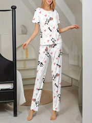 Panda Print Pajama Set Short Sleeve Crew Neck Top & Pants
