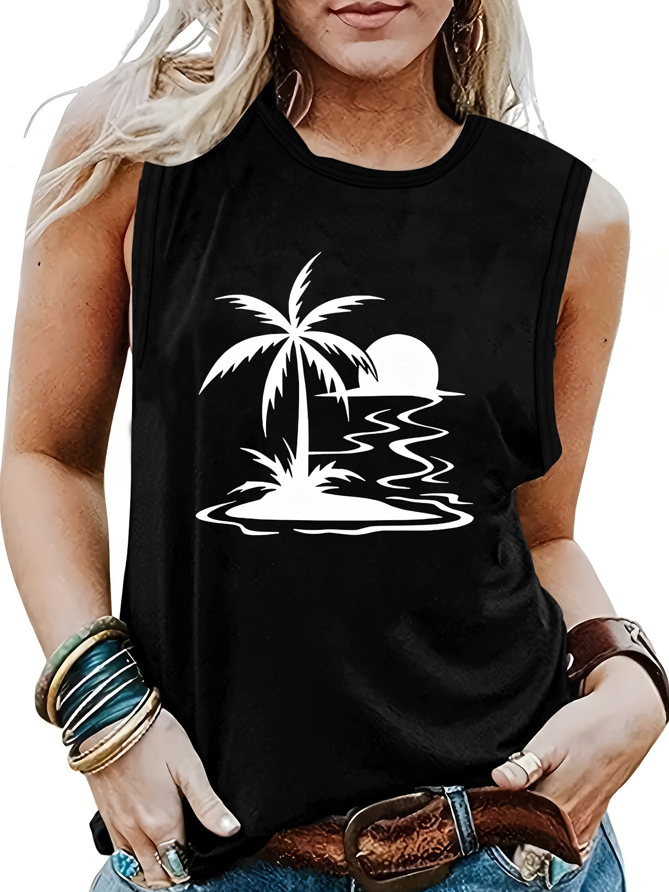 Landscape Print Crew Neck Tank Top for Summer