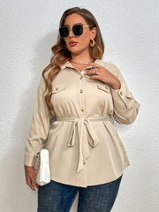 Solid Button Up Long Sleeve Blouse With Belt