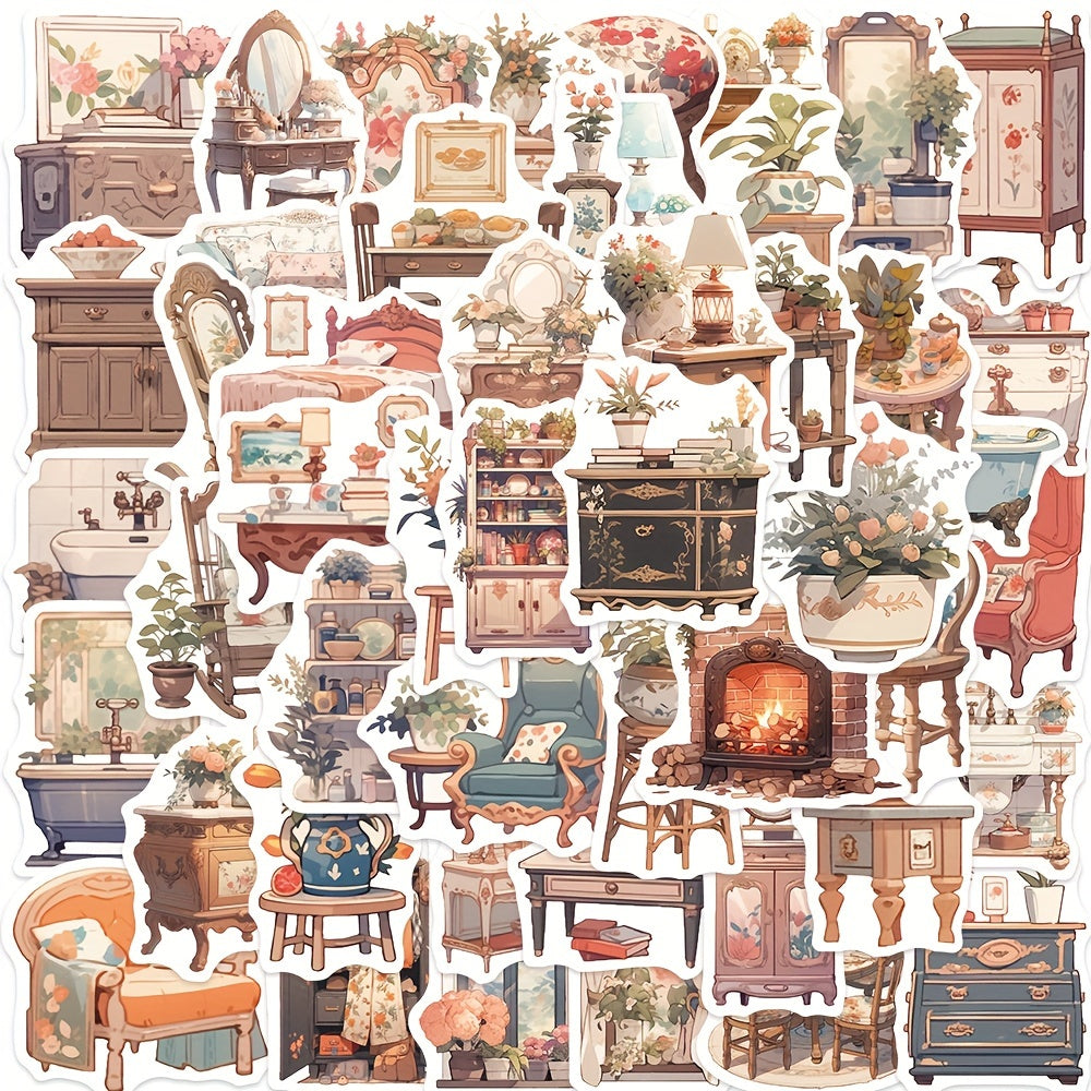 50pcs Retro Furniture Series Graffiti Stickers for DIY, Guitar, Skateboard