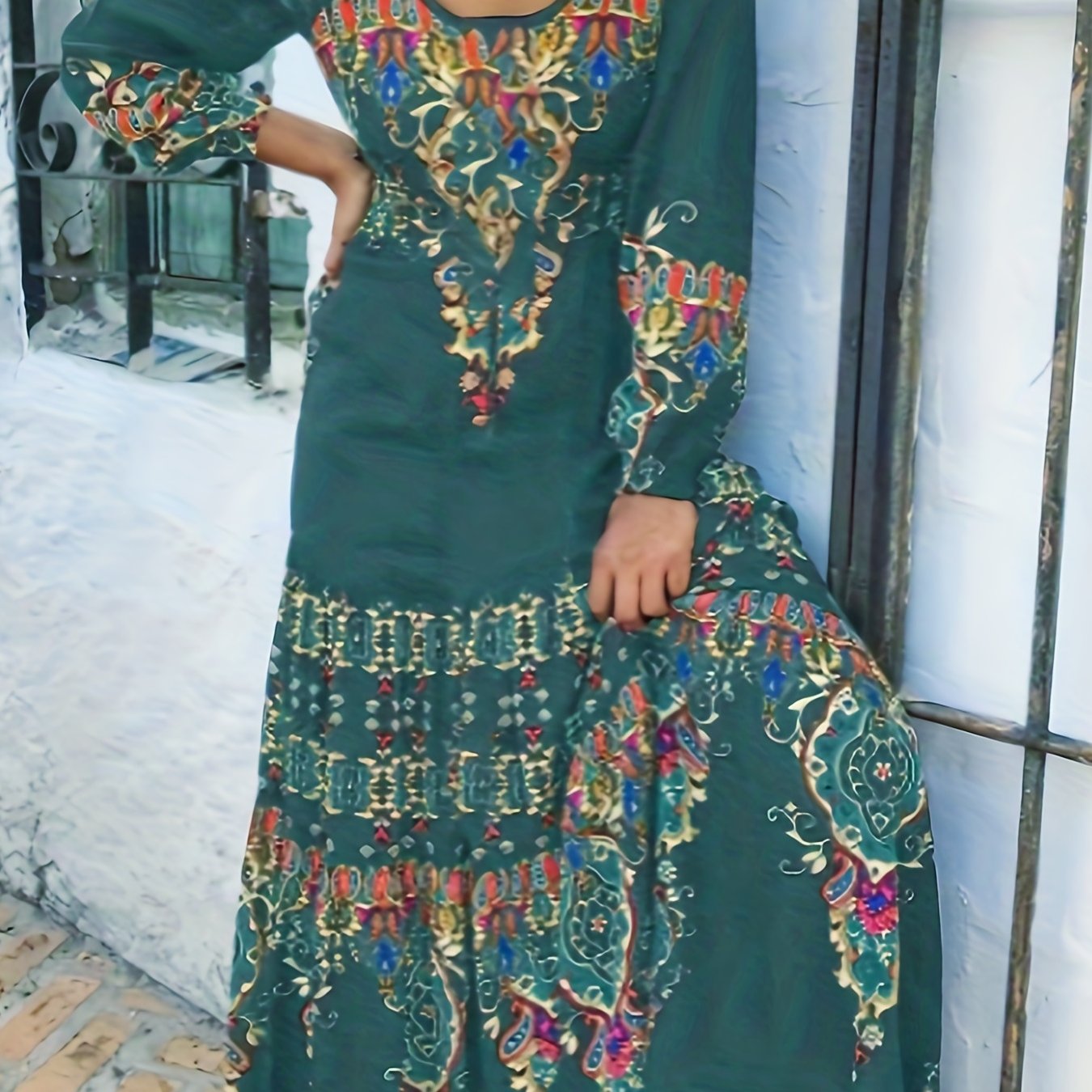 Boho Dress Women's Plus Tribal Print Long Sleeve Scoop Neck Medium Str