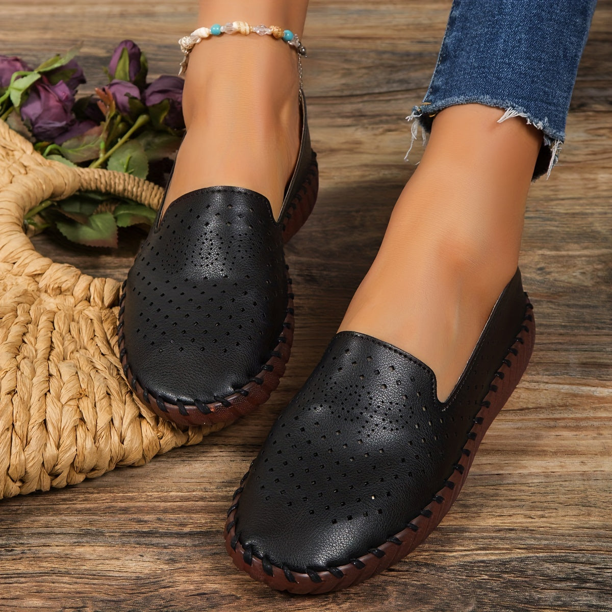 Women's Hollow Solid Loafers Slip on Shoes Lightweight Casual