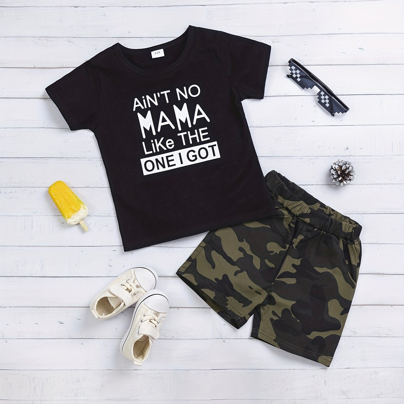 Toddler Boys Letter Print Top & Camo Shorts Set