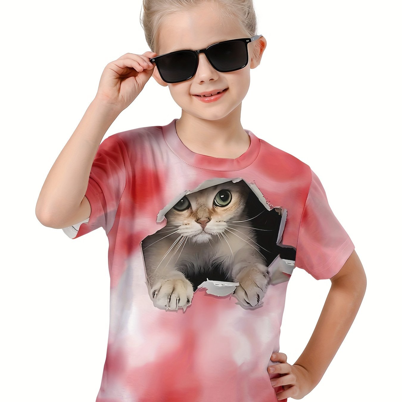 3D Cat Graphic Short Sleeve T shirt Girls Summer Sports