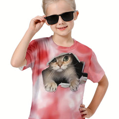 3D Cat Graphic Short Sleeve T shirt Girls Summer Sports
