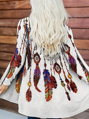 Feather Print Open Front Cardigan Long Sleeve Outwear
