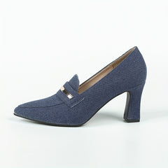 Women's Denim Loafers Pumps Pointed Toe Slip On Chunky Heels