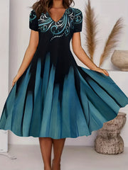Women's Baroque Print V-Neck Short Sleeve Dress