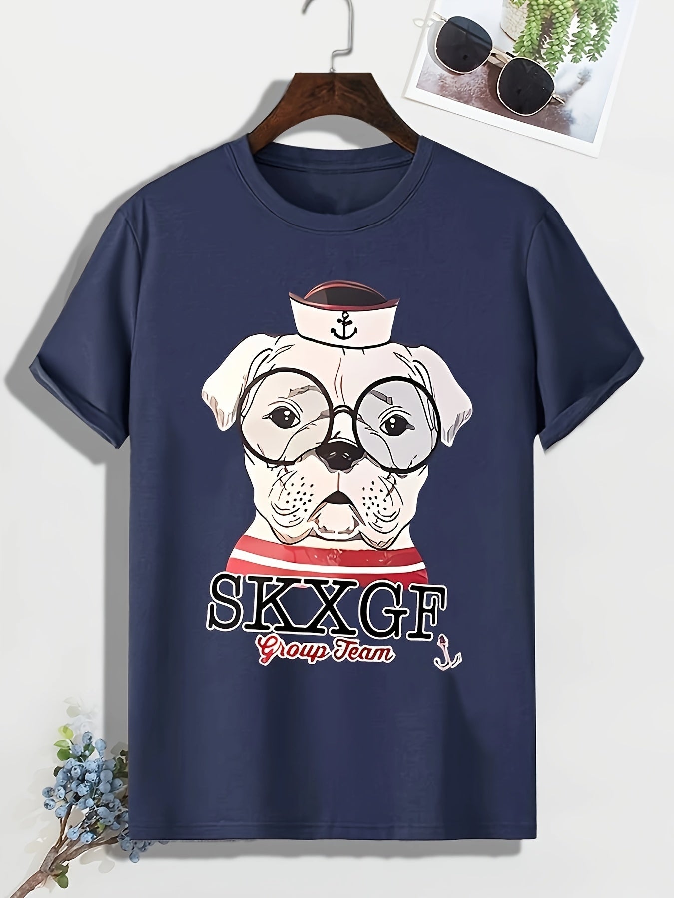 Men's Cartoon Dog Print T shirt Casual Slightly Stretch Crew Neck Tee