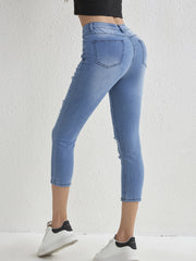 Ripped Holes Cropped Skinny Jeans Slim Fit Slash Pockets High Stretch Capris