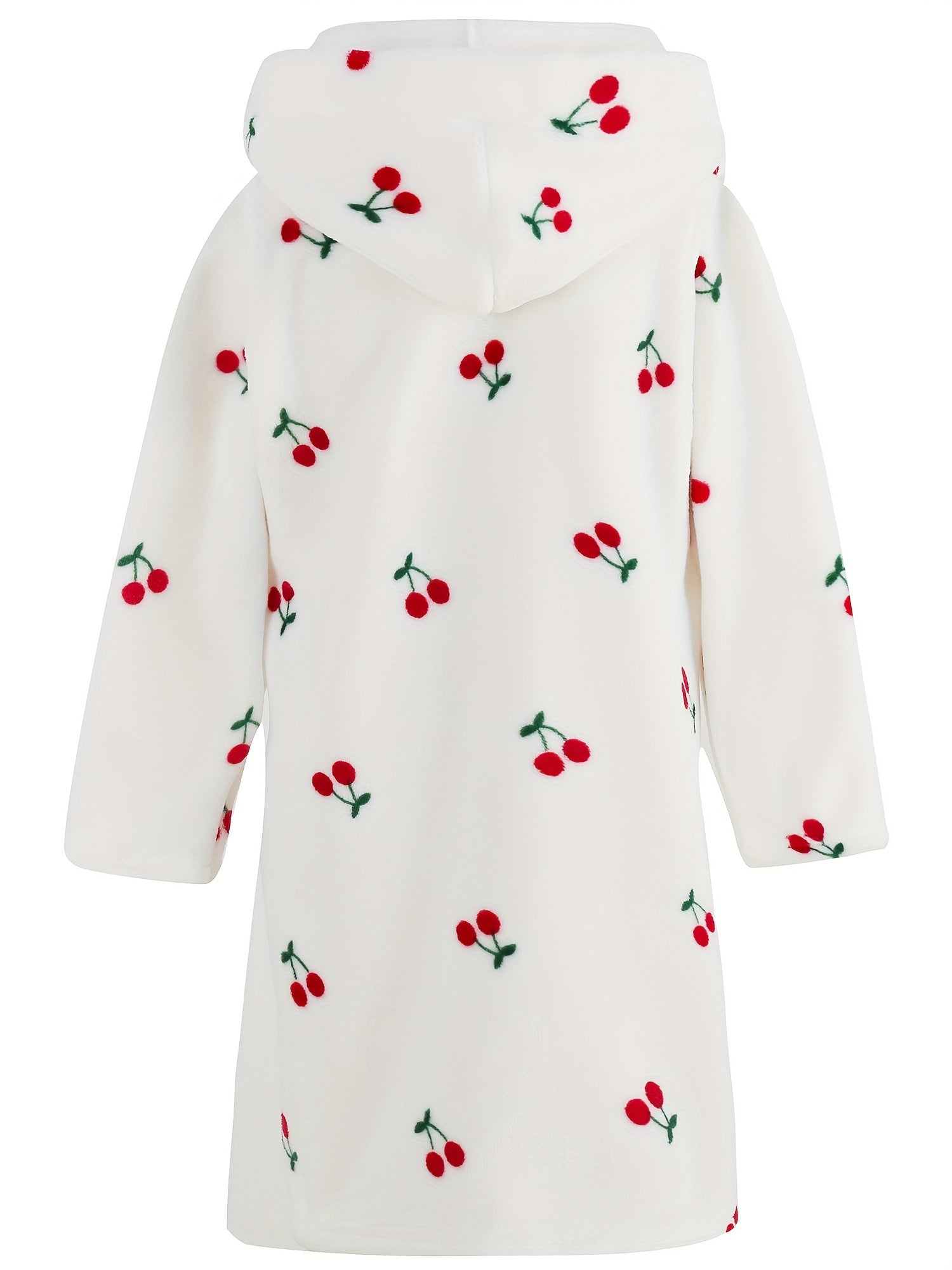 Girls Hooded Bathrobe Strawberry Pattern Flannel Soft Warm Pockets Belt Robe