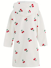 Girls Hooded Bathrobe Strawberry Pattern Flannel Soft Warm Pockets Belt Robe