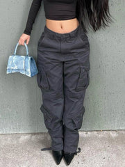 Dark Gray Cargo Pants Relaxed Fit Straight Leg Jeans Y2K Vintage Style