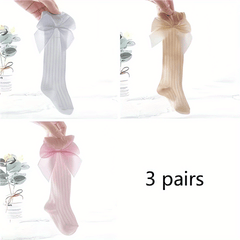 3 Pairs Baby Girls Knee High Socks Bow Cable Knit Over Calf Long Socks
