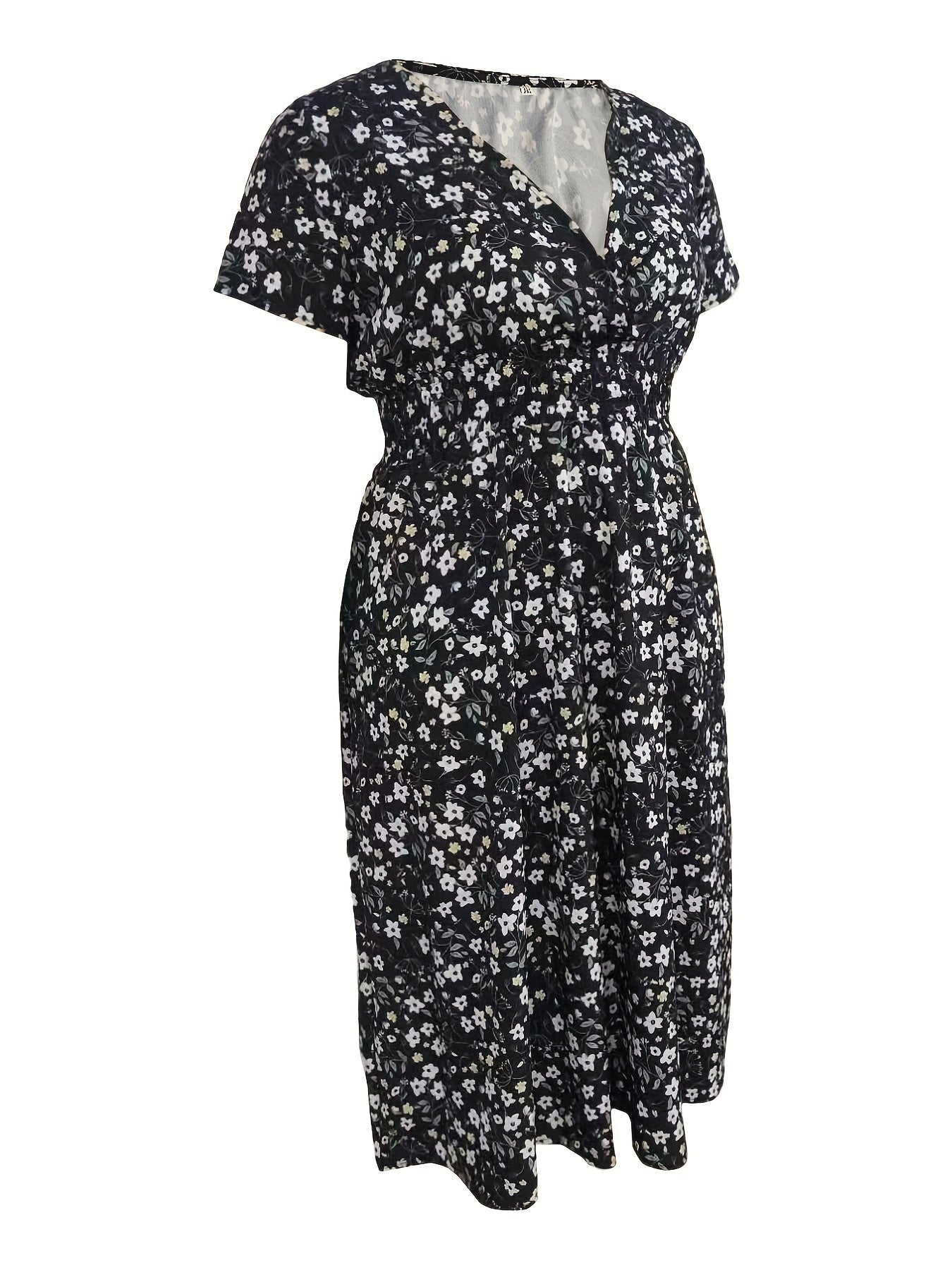Ditsy Print Short Sleeve Surplice Neck Midi Dress