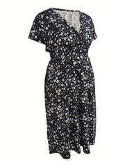 Ditsy Print Short Sleeve Surplice Neck Midi Dress
