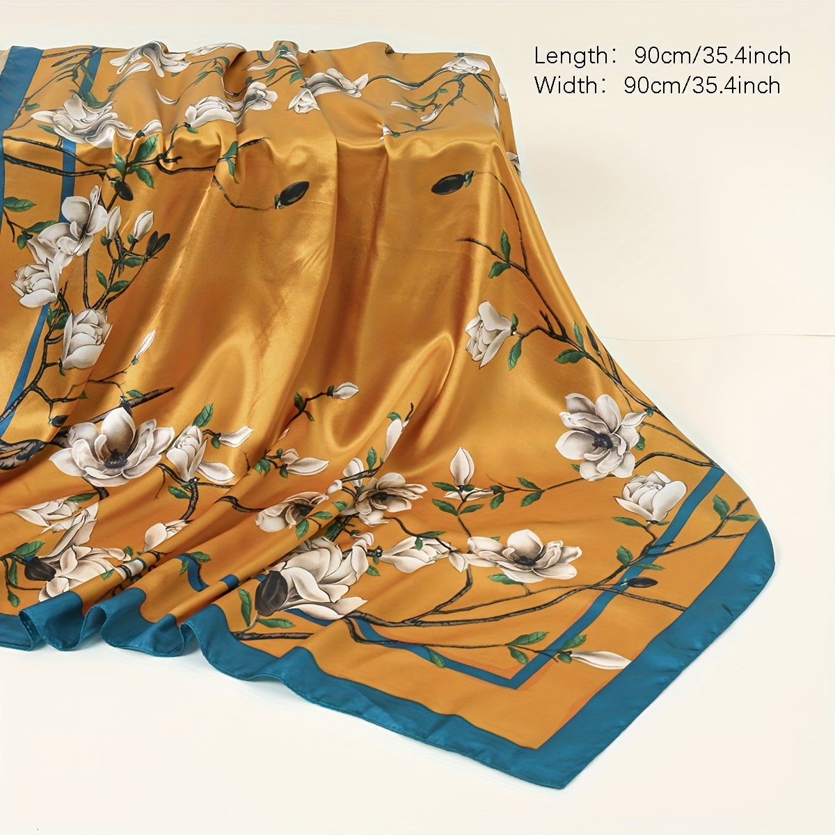 Magnolia Print Square Scarf Vintage Silky Bandana Woman Neckerchief