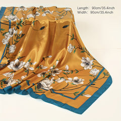Magnolia Print Square Scarf Vintage Silky Bandana Woman Neckerchief