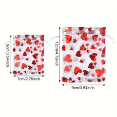 30pcs Red Heart Bags Mesh Drawstring For Christmas Wedding Favor Gift Bag