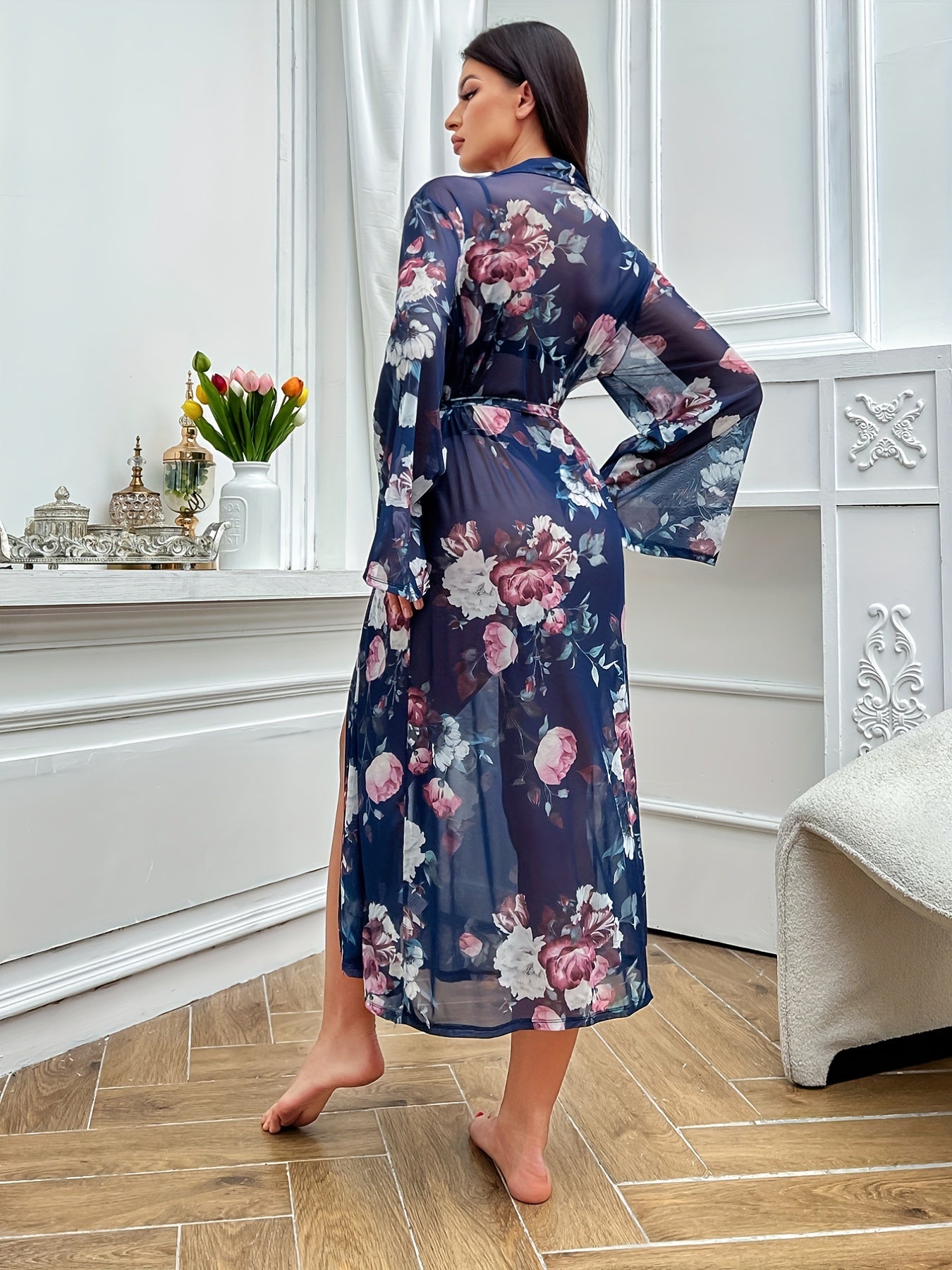 Floral Print Mesh Night Robe Long Sleeve V Neck Robe With Belt