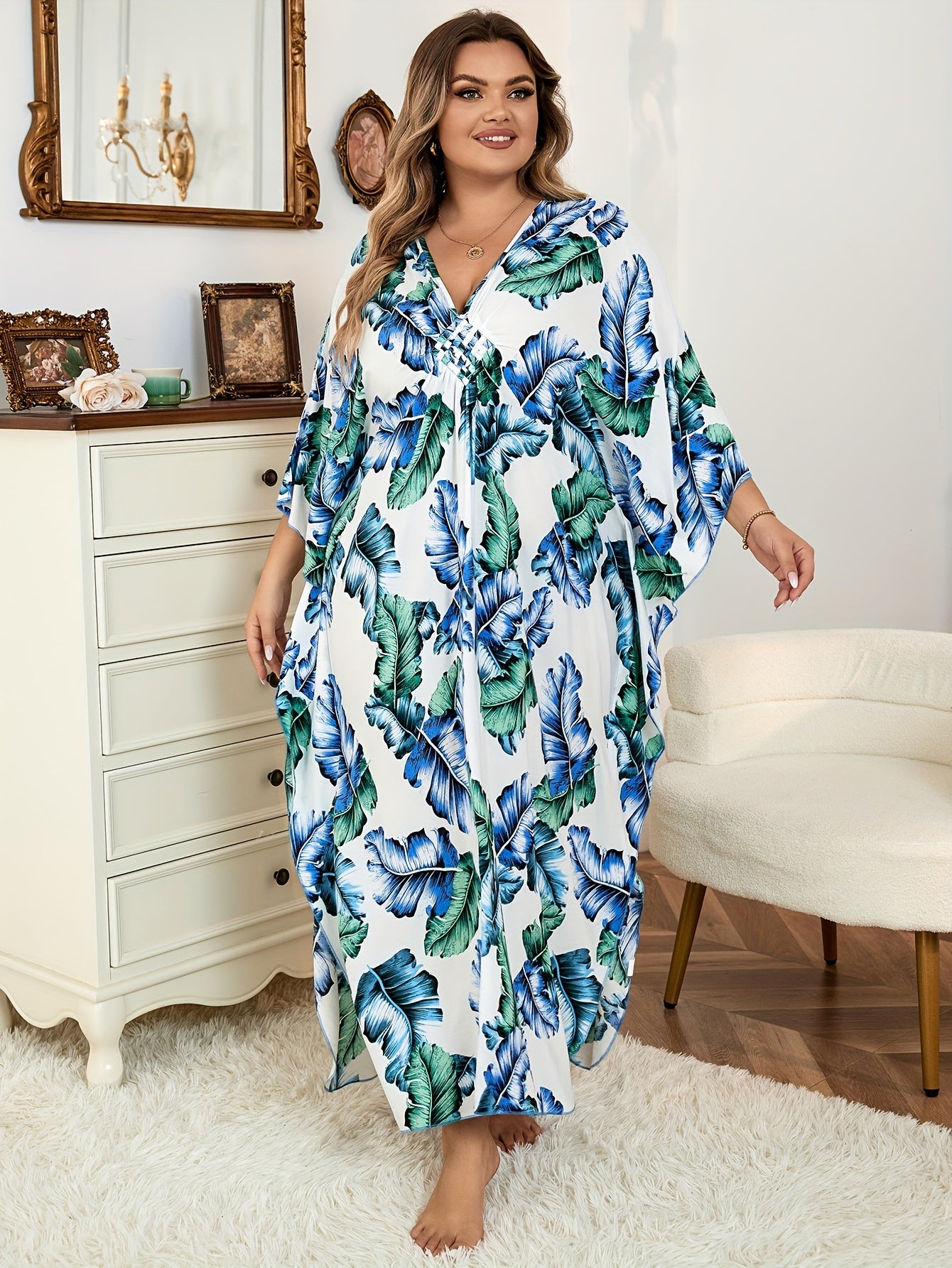 Tropical Print V Neck Maxi Beach Cover Up Dress