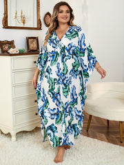 Tropical Print V Neck Maxi Beach Cover Up Dress