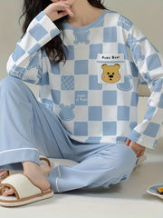 Bear Print Pajama Set Long Sleeve Plaid Top & Lounge Pants