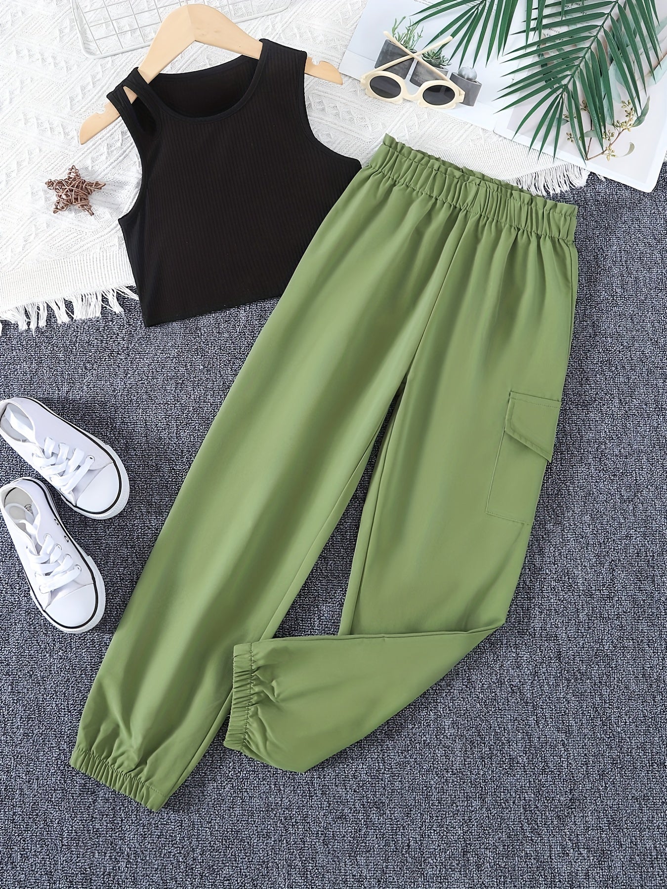 Girls Sleeveless Tank Top & Cargo Pants Set Kids Summer Clothes