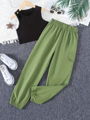 Girls Sleeveless Tank Top & Cargo Pants Set Kids Summer Clothes