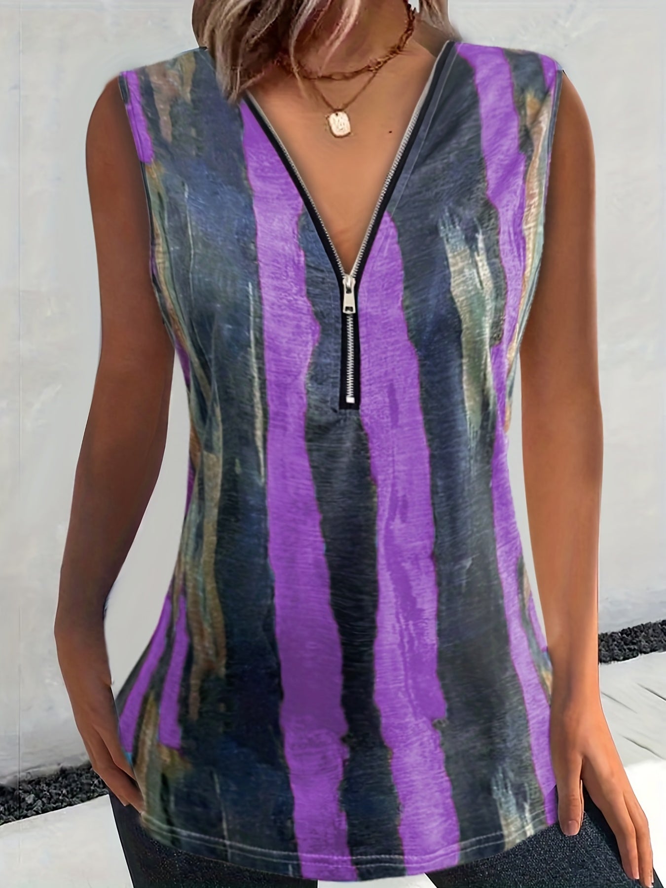 Colorblock Brush Print Zipper V Neck Tank Top