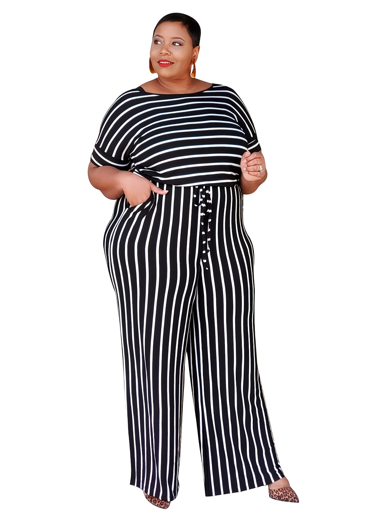 Striped Wide Leg Short Sleeve Jumpsuit Women's Plus Medium Stretch