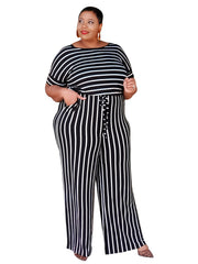 Striped Wide Leg Short Sleeve Jumpsuit Women's Plus Medium Stretch