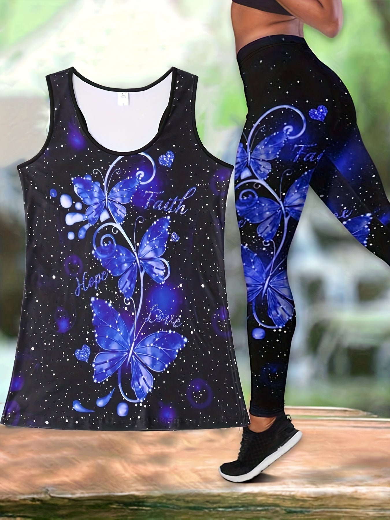 Butterfly Print Casual 2pc Set Tank Top & Slim Pants