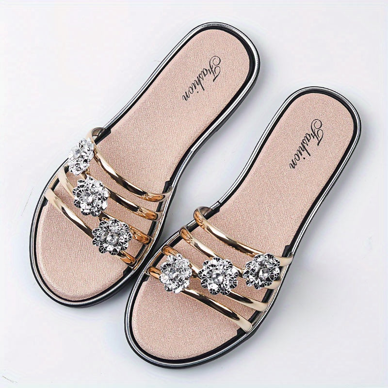 Rhinestone Flat Slides Open Toe Non Slip Shoes