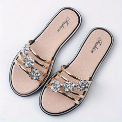 Rhinestone Flat Slides Open Toe Non Slip Shoes
