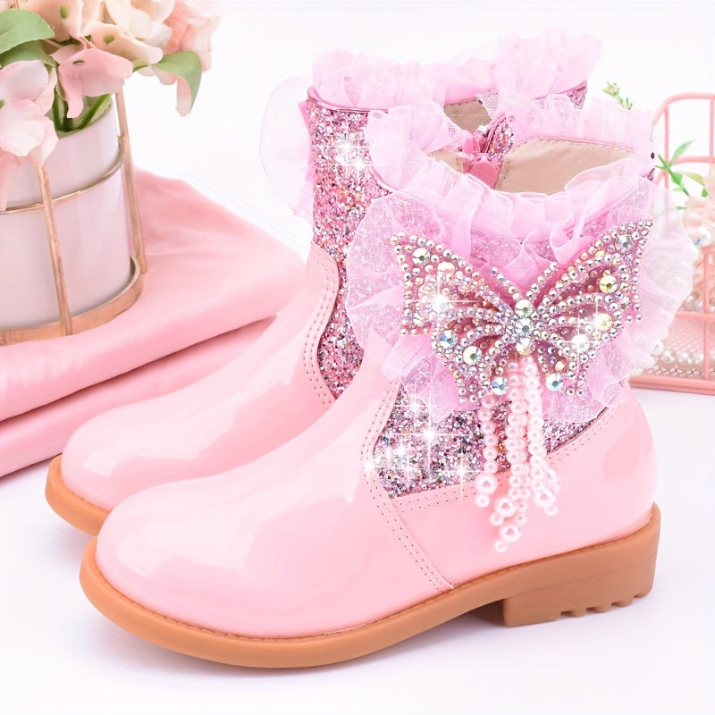 Girls Butterfly Dress Boots Warm Plus Fleece Boots For Autumn/Winter