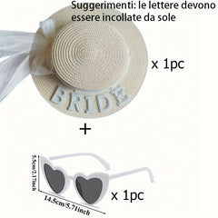 Beige Brown Bride Straw Hat and Heart-Shaped Frame Glasses Set