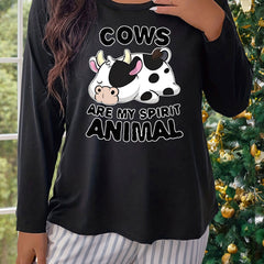 Cow Print Long Sleeve Round Neck Pajama Tee