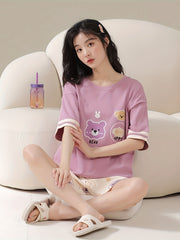 Bear Print Pajama Set Crew Neck Short Sleeve Top & Shorts