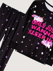 Girls Lounge Wear Long Sleeve Top & Pants 2 Piece Set Star Unicorn Print Pajamas