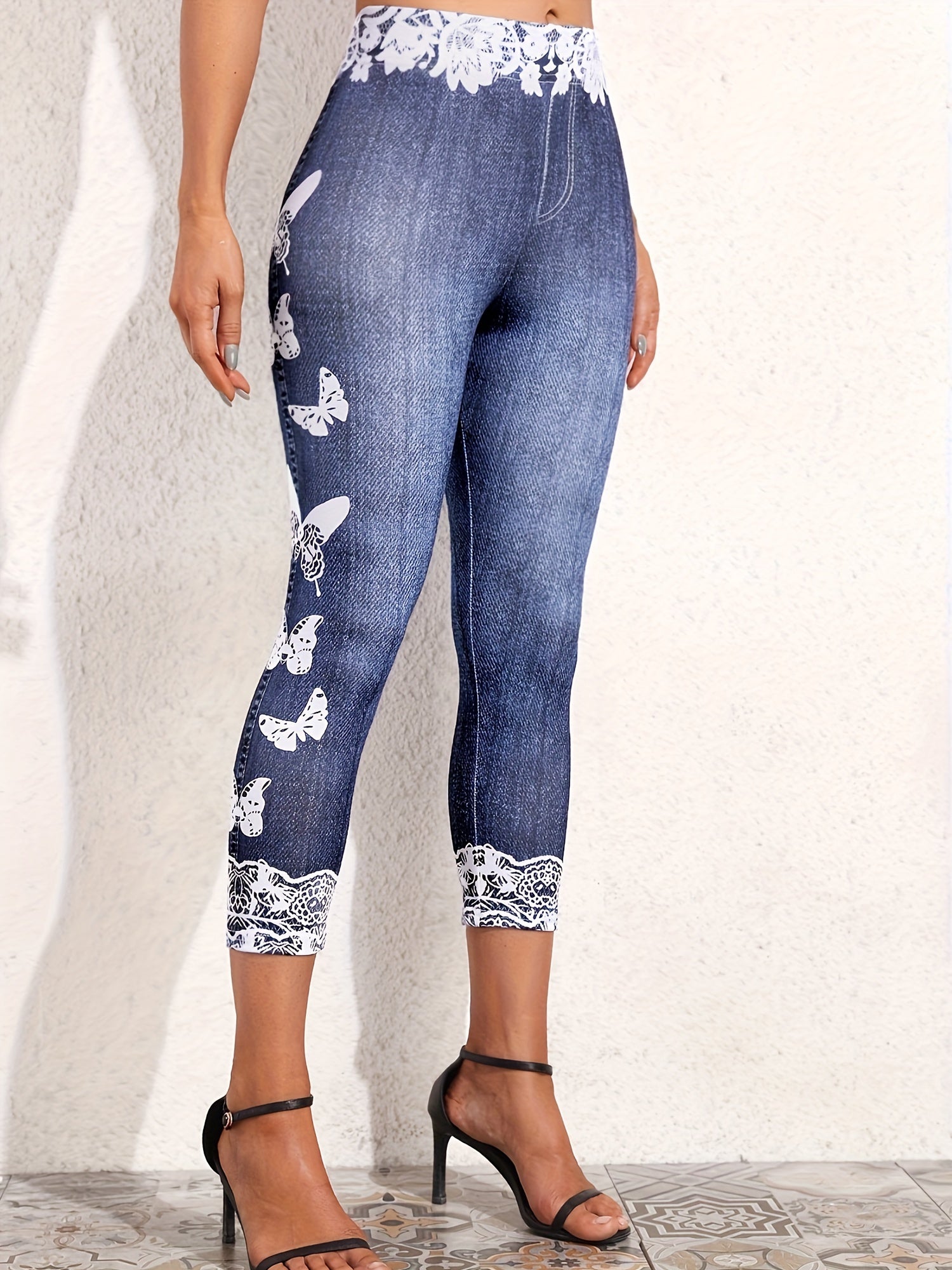 Butterfly Print Cropped Jeggings Skinny High Waist Leggings