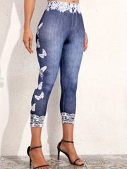 Butterfly Print Cropped Jeggings Skinny High Waist Leggings