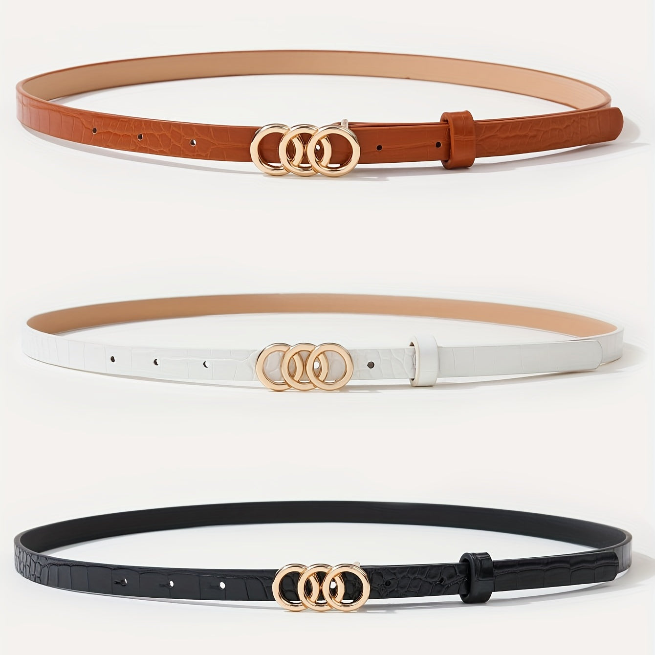 Crocodile Embossed Triple O Ring Buckle Belt Set